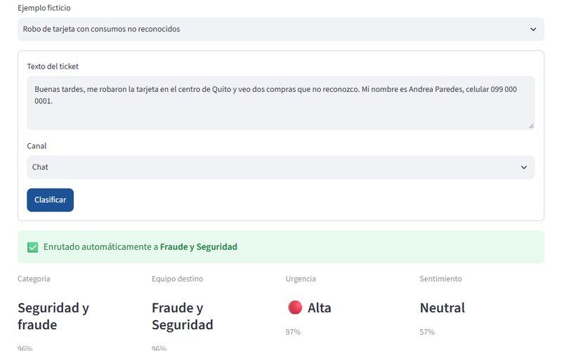 Demo que clasifica un ticket en español y lo enruta al equipo de fraude