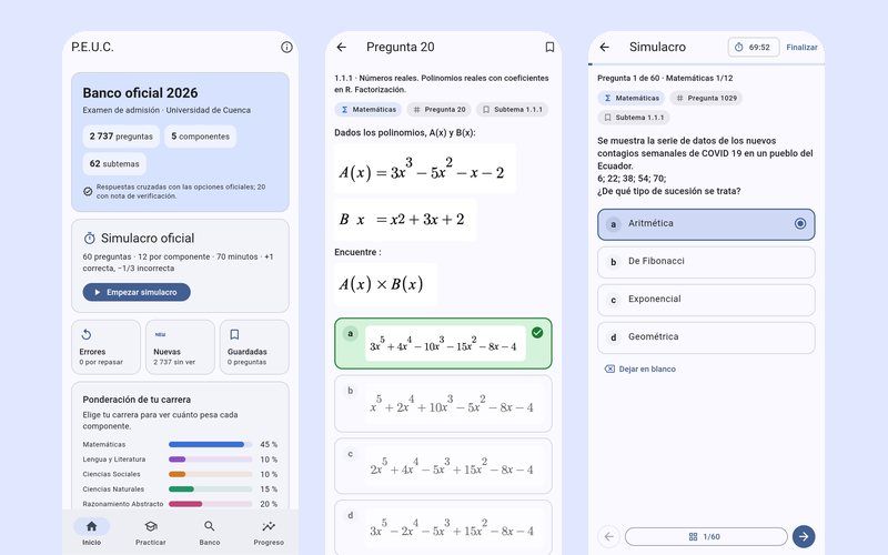 Pantallas de la app P.E.U.C.: inicio, pregunta resuelta y simulacro