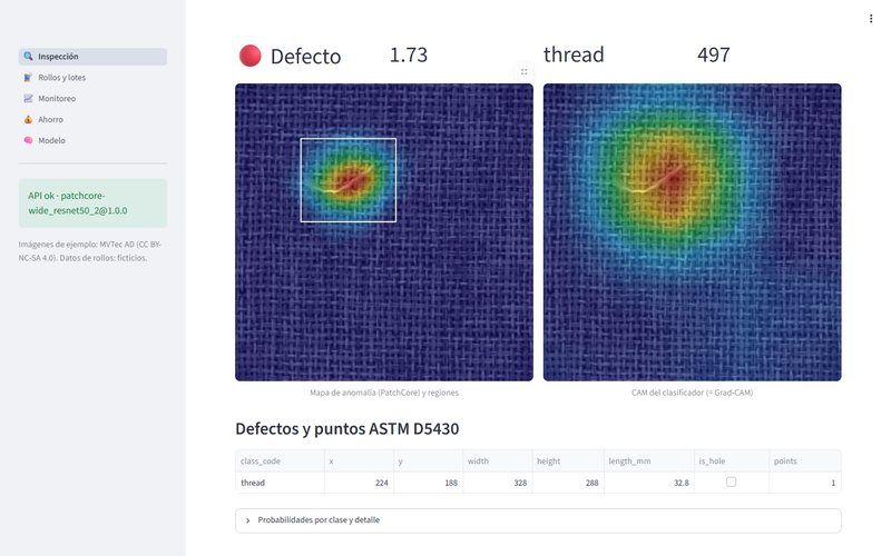 Inspección de tela con mapa de calor del defecto detectado