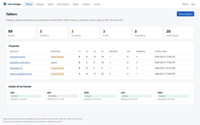 Tablero de vuln-manager con hallazgos priorizados por KEV, EPSS y plazos